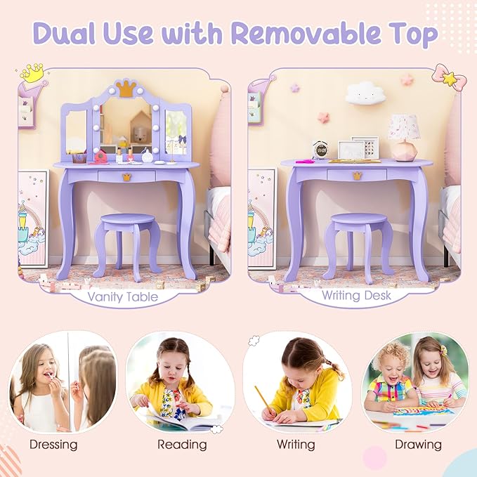 Costzon Kids Vanity with Lights, Girls Vanity Set with Mirror and Stool, Drawer, 2 in 1 Princess Makeup Desk Dressing Table, Kids Vanity Table and Chair Set, Violet