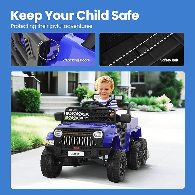 12V Power Wheels Jeep for Kids - Ride On Truck Car w/2WD/4WD Switch w/Parent Remote Control, 6 Wheels Suspension Electric Car for Kids, Blue