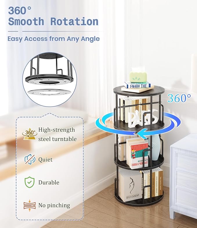 3 Tier Rotating Bookshelf Tower Round Black,37”Floor Standing Spinning Bookshelf Tower Anti-Tipping Design,Metal & Wood Revolving Bookcase Stackable Space Saving for Small Spaces,Study,Living Room