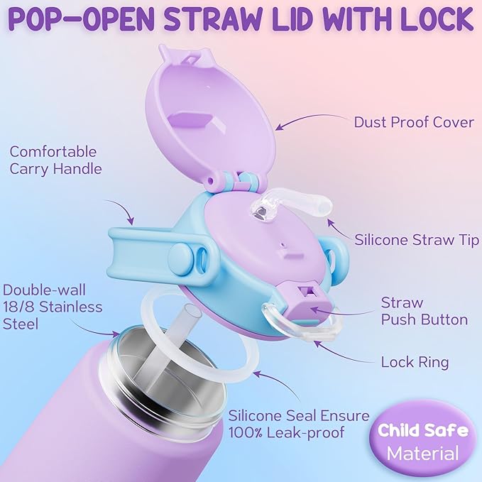 Fimibuke Kids Insulated Water Bottle with Straw Lid & Handle -14oz BPA FREE 18/8 Stainless Steel Metal Tumbler Leak Proof Double Wall Vacuum Kids Cup Toddler Water Bottle for School Boy Girls