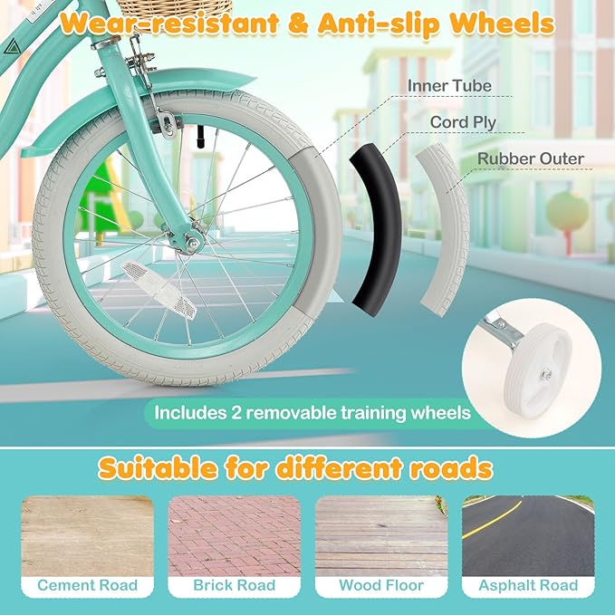 BABY JOY Kids Bike, 14 16 18 Inch Retro Kids Bicycles for 3-8 Years Old Children with Training Wheels, Adjustable Height, Rattan Basket, Handbrake & Coaster Brake, Boys Girls Bike (Pink, Green, Blue)