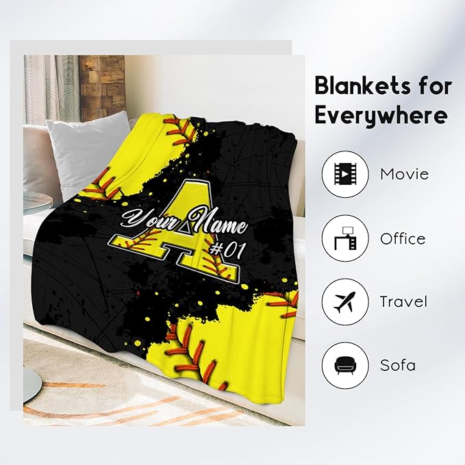 Personalized Softball Blanket - Custom Initial Name Gifts for Girls - Lightweight Soft Sports Throw for Softball Players - 50x60 Inches Large Blanket Decor Ideas for Teens Daughter