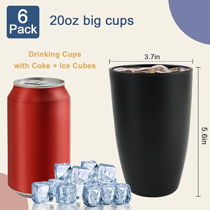 Wheat Straw Cups 20 OZ Set of 6, Unbreakable Drinking Cup Reusable, Alternative to Plastic Cups Reusable, Dishwasher Safe Drinking Glasses for Kitchen Water Tumblers (Black)