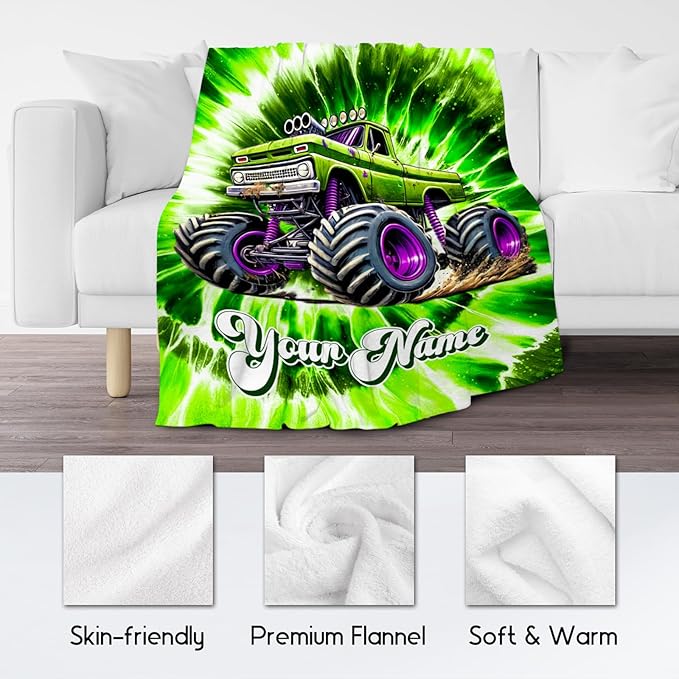 UNIKITTY Boys Blanket Gifts, Personalized Truck Blanket for Kids, Tie Dye Fuzzy Throw for Truck Lovers, Custom Throw with Name (4 Sizes)