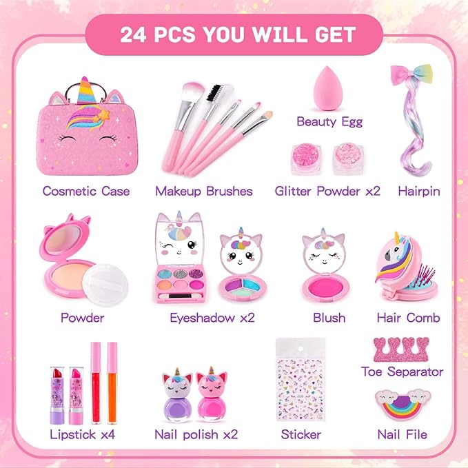 Kids Makeup Sets for Girls, Real Washable Make Up Kits Toys Toddler Children Princess Dress Up Birthday Toy for 3 4 5 6 7 8 9 10 11 12 Years (Pink)