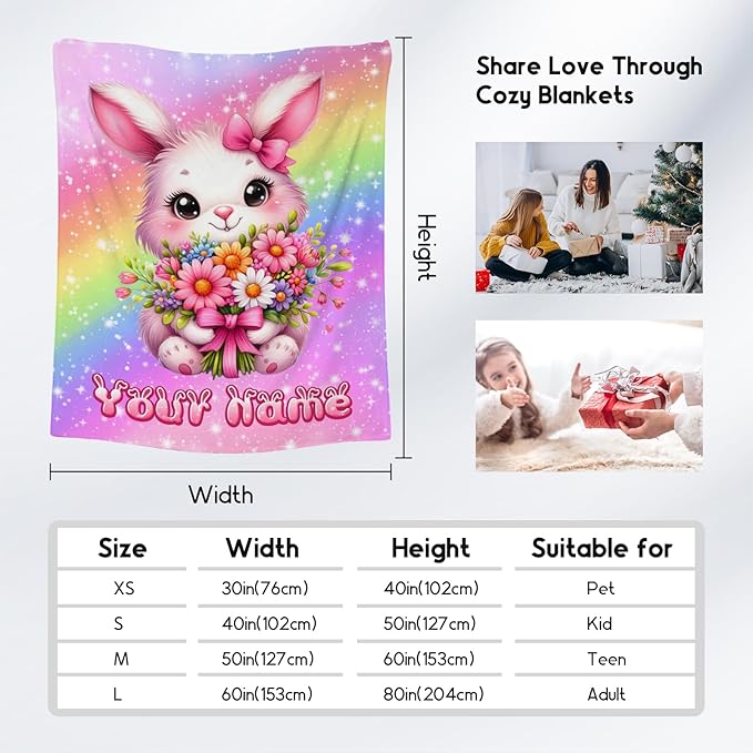 Personalized Blanket for Kids, Bunny Blanket for Girls, Custom Gifts for Toddler Daughter, Rainbow Throws Decor, 4 Size