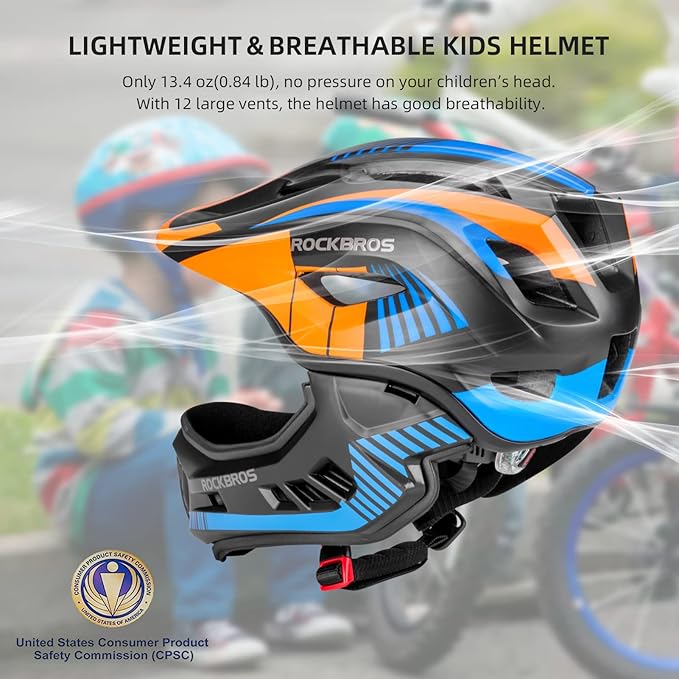 ROCKBROS Kids Full Face Helmet Kids Bike Helmets Lightweight Toddler Mountain Bike Helmet Detachable for MTB BMX Skating Cycling Scooter Safety Bicycle Helmets for Youth Child Boys Girls Ages 3-16
