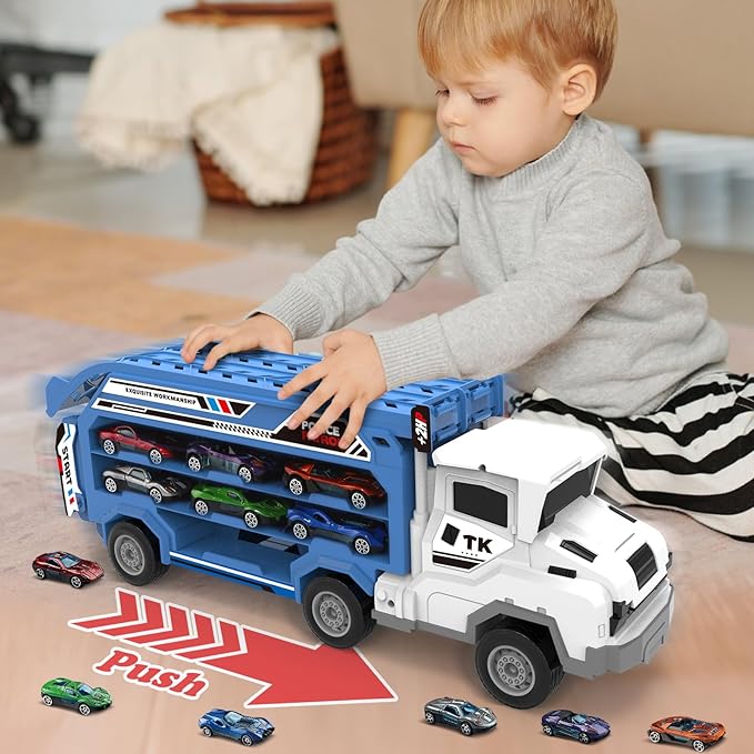 Toddler Car Truck Toys,Car Carrier Trucks Toy for Kids Age 3-5 4-8,Foldable Car Track Sets with 2.8-Ft Race Track and 6 Die-Cast Race Cars, Truck Toys Gifts for 3 4 5 6 7 8+ Year Old Boys Girls(Blue)