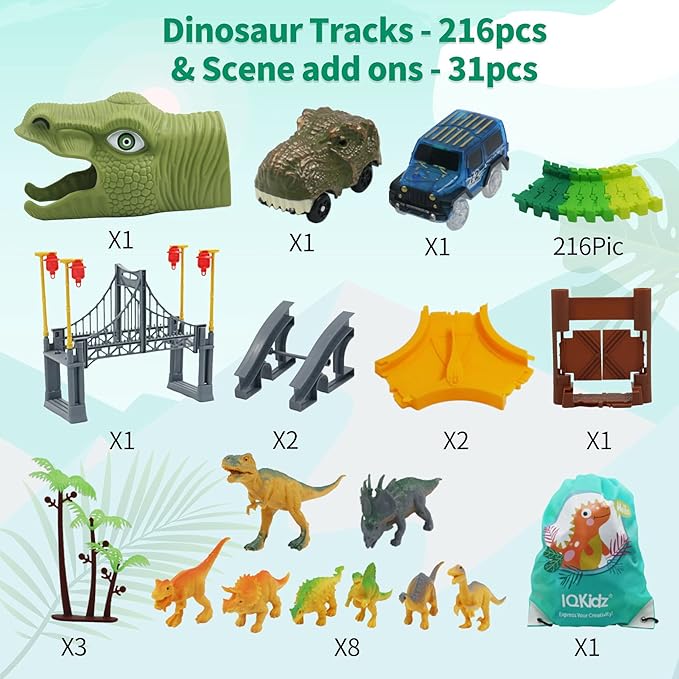 Dinosaur World Race Track Toys - 216pcs Flexible Track Playset with 1 Dinosaur Car, 1 Race Car, 6 Dino Toys, for Kids 3 4 5 6 Year & Up Old (Boys and Girls)