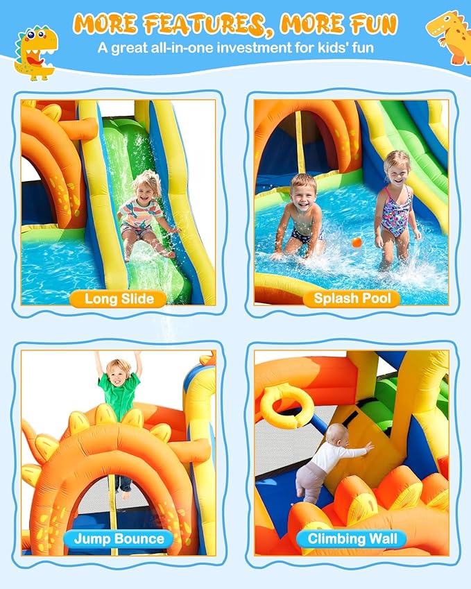 Dinosaur Inflatable Water Slide Park - 7 in 1 Bounce House with Slide, Jump Area, Splash Pool, Climbing Wall & Basketball Hoop | 480W Blower Included | Indoor/Outdoor Backyard Play for Kids 3-10