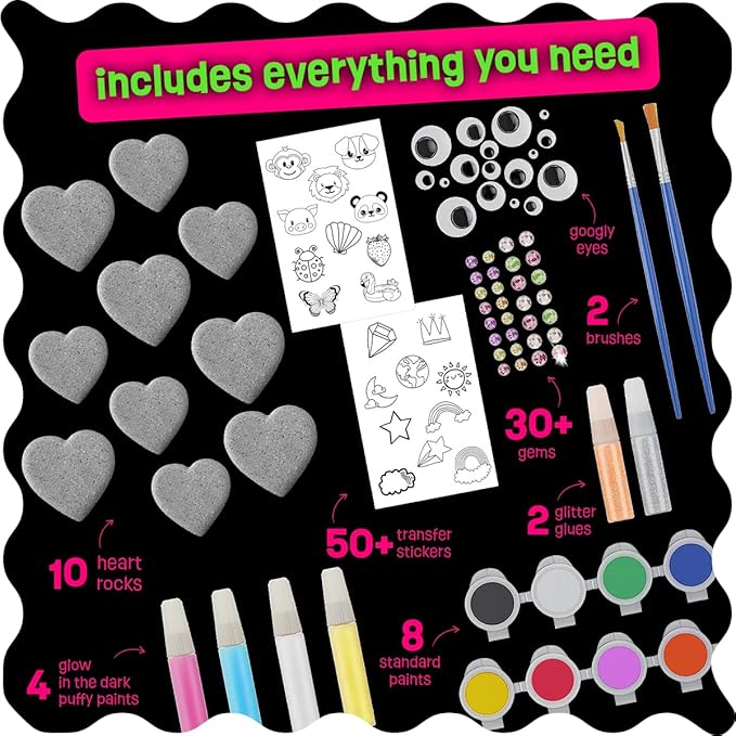 Hearts Rock Painting Kit for Kids - Glow in The Dark - Arts and Crafts for Girls Ages 4-12 – Easter Gifts for Girls Art Toys Kids Craft Kits – Birthday Gifts for 5 6 7 8 9 10 11 12 Year Old Girl