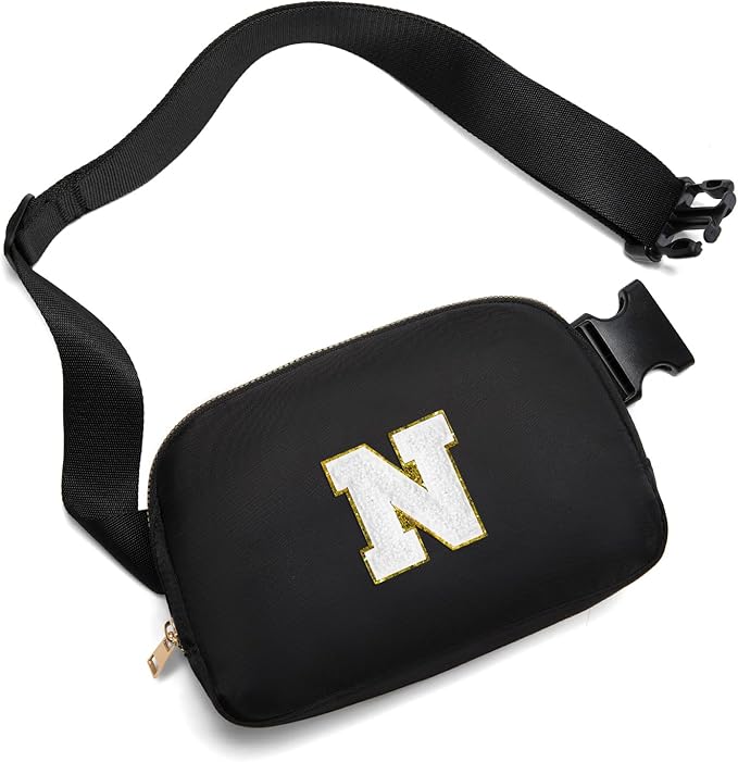 Gitus Birthday Gifts for 8 9 10 11 12 13 Year Old Girls Personalized Fanny Pack Crossbody Bags with Initial Letter Patch Belt Bag for Teen Girls Cute Trendy Stuff Travel Essentials (Black-N)