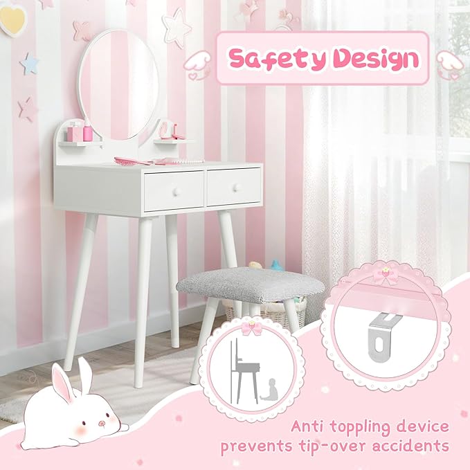 Arlopu Kids Vanity Table and Chair Set, 2 in 1 Toddler Makeup Dressing Desk with Detachable Large Mirror and Stool, Drawers, Princess Wooden Pretend Play Toys for Little Girls (White)