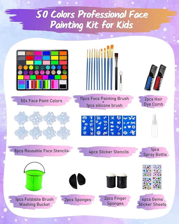 Face Painting Kit for Kids, 50 Colors Water Activated Face Paint Kit, Non-Toxic Professional Makeup Palette with Stencils, Gems, Brushes, Hair Dye Comb & Bucket for Kids Parties & Christmas