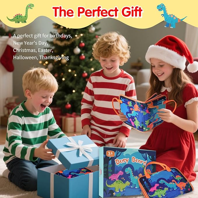 Toddler Montessori Busy Board - Dinosaur Learning Activity Toy, Boys Gift, Sensory Learning Toy for Toddlers, Educational Busy Book for Toddlers, Travel Toy (Blue)