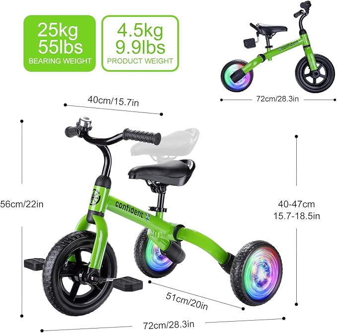 YGJT 3 in 1 Lighting Tricycle for Toddlers Age 2-5 Years Old, Folding Kids Balance Bike with Adjustable Seat and Removable Pedal, Toddler Bike Ride-on Toys for Infant, Gift for Baby Boys Girls(Green)