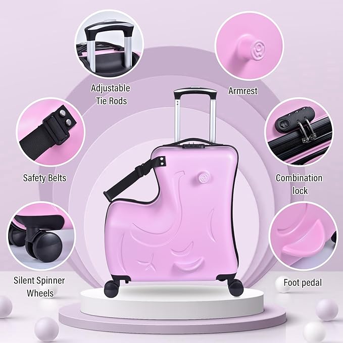 20 Inch Ride On Kids Suitcase with Wheels, Ride on Luggage with Pedal, Hardshell Kids Suitcase Adjustable Safe Harness, ABS+PC, Up To 100 Lbs, Pink