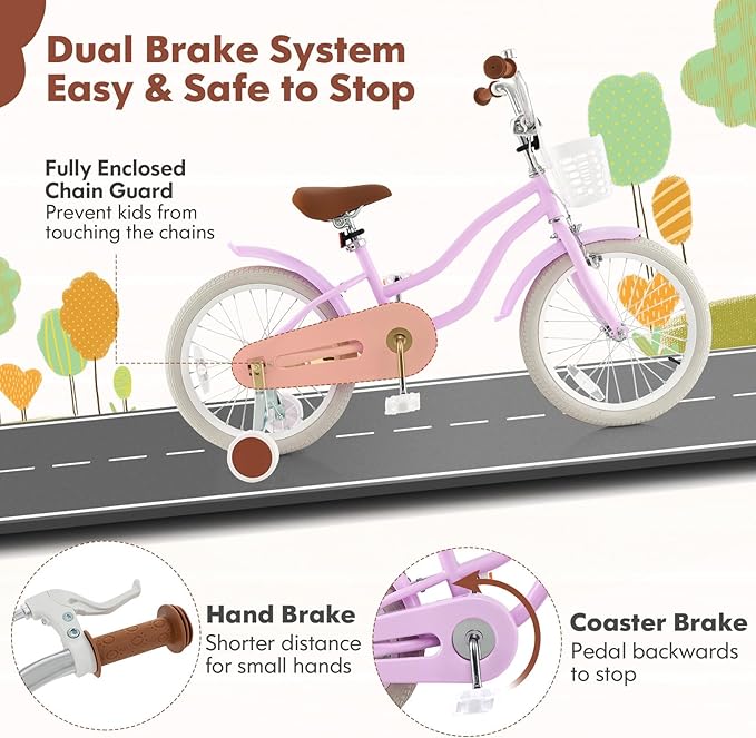 COSTWAY Kids Bike, 12 14 16 18 Inch Toddler Bike Children Bicycle w/Training Wheels, Hand & Coaster Brakes, Adjustable Saddle & Handlebar, Basket, Bell, Kids Bicycle for Girls Boys Aged 3-8 Years Old