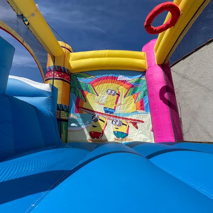 Funormous Minions Bounce House with Slide, Ball Pit & Water Cannon – Indoor/Outdoor Tropical Inflatable with GFCI Air Blower for Kids Ages 3–8