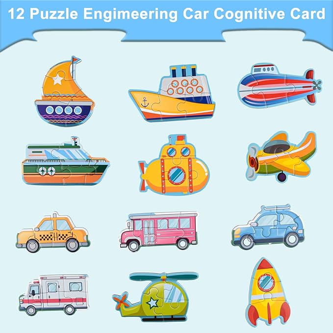 ASTARON 3D Magnetic Puzzle with 60 Puffy Stickers for Toddlers, 51 Pieces 3-in-1 Traffic Puzzles Preschool Education Learning Travel Toys Car Plane Activities for Kids Road Trip Birthday Gifts
