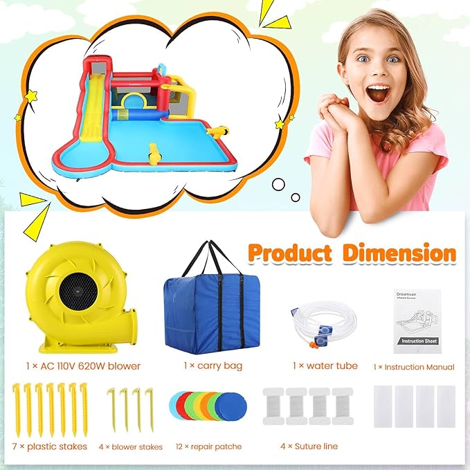 WHUBEFY Bounce House,Inflatable Water Slide Bounce Castle with Blower for Kids 3-12,Outdoor/Indoor Bouncy House Water Park for Backyard with 2 Splash Slides,Climbing Wall,Ball Pit,Jumping Area