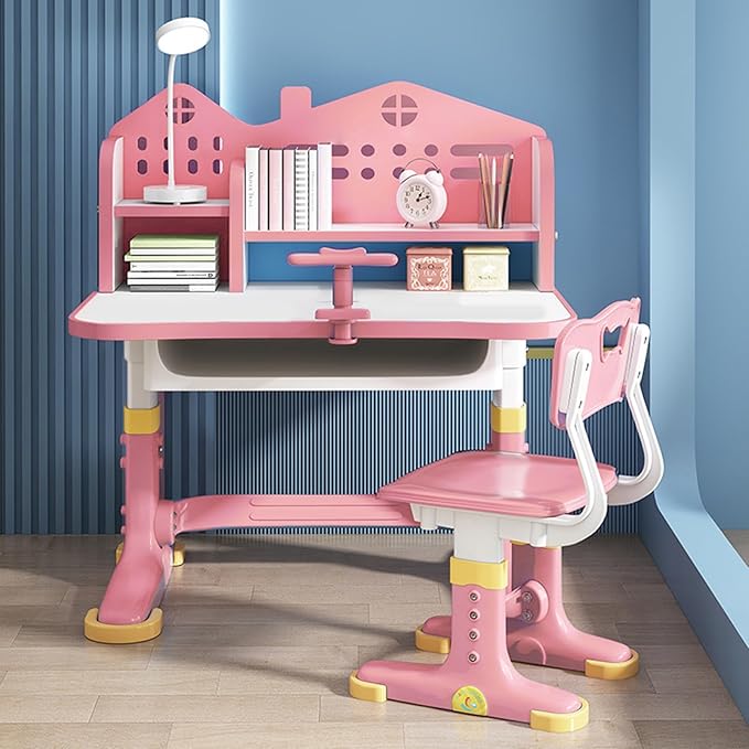 Kids Adjustable Study Desk & Chair Set w/Storage,Drawers,Bookshelf,Child Toddler Writing Homework Table,Little Girl Work Computer Desk,Princess Preschool Desk,Escritorio Mesas para Niña (Pink A)