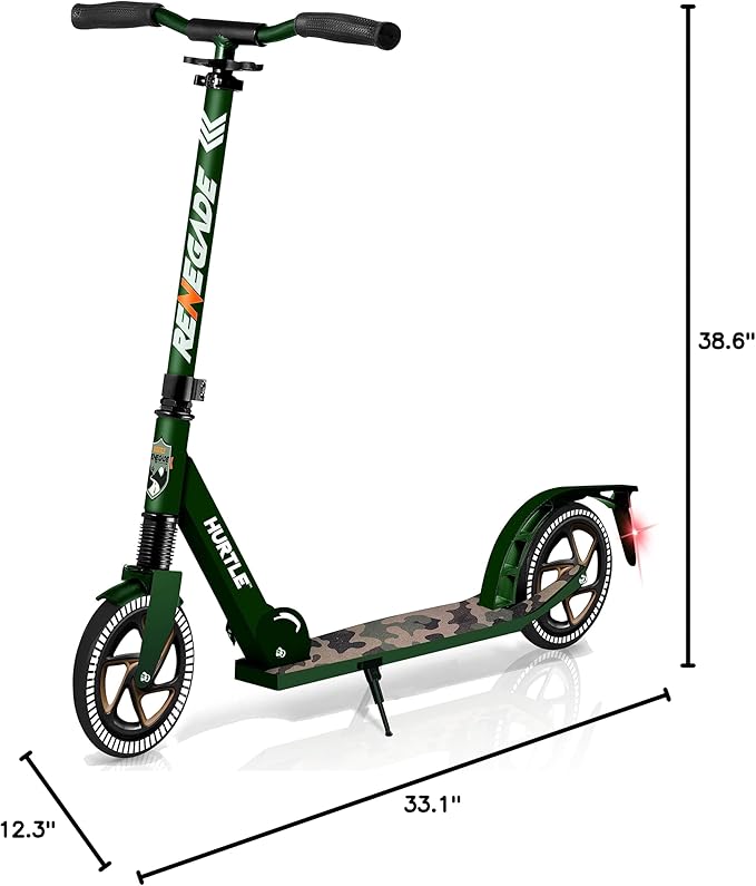 Hurtle Renegade Kick Scooter for Kids, Teenagers & Adults - 2-Wheel Folding Scooter with Adjustable T-Bar Handlebar - Alloy Anti-Slip Deck