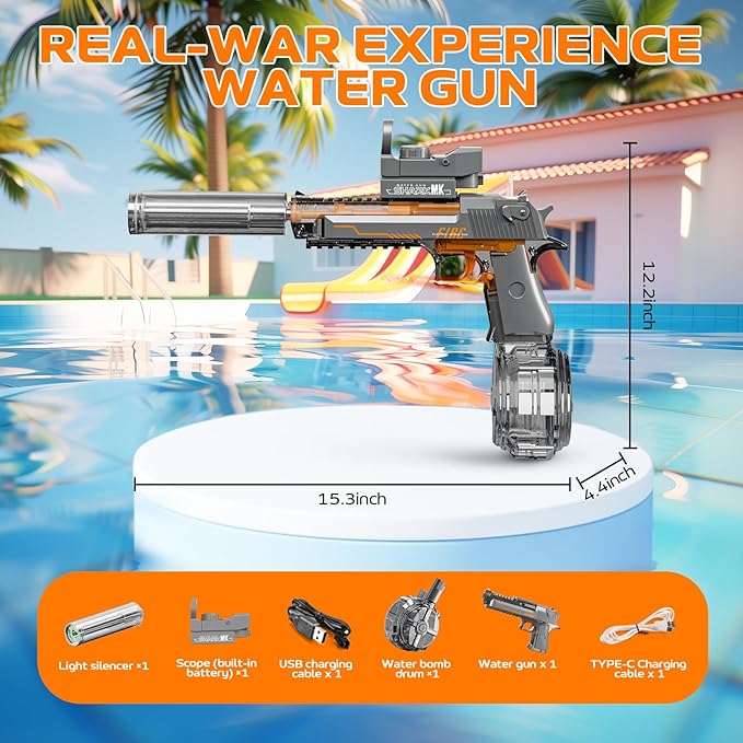 Electric Water Gun for Adults Kids, Automatic Squirt Watergun Pistol with Led Lights, Summer Outdoor Pool Beach Party Toys for Boys Girls, Black