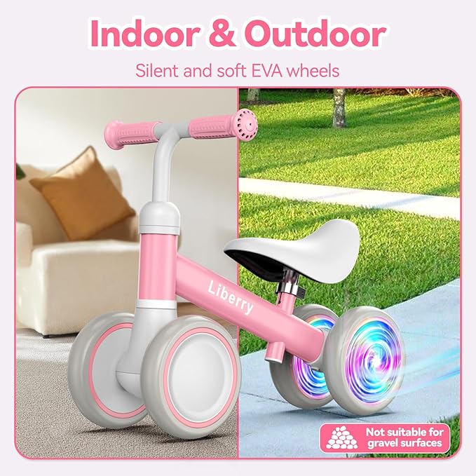 Liberry Light-Up Baby Balance Bike with Adjustable Seat, Toddler First Ride-On Toy for 1-2 Year Old, Girls Christmas & Birthday Gift