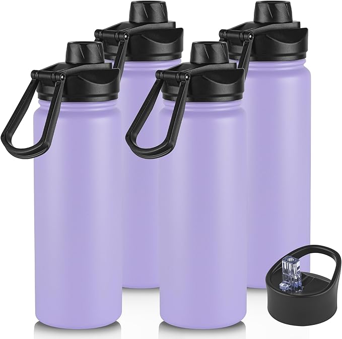 24oz Insulated Water Bottle with Straw Lid, Stainless Steel Metal Water Bottle with Straw & Wide Mouth Lid, Double Wall Vacuum Water Bottle for Hiking Camping, Lavender 4 Pack
