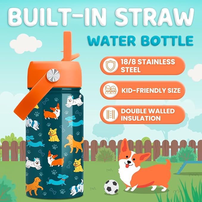 Puppy Water Bottle - Kids Water Bottle with Straw Lid - 12 Oz Insulated Stainless Steel Water Bottles for Kid Boys Girls - Travel Cup for School Sports