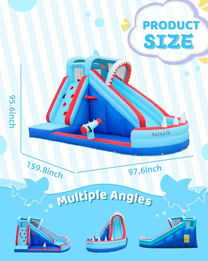 AirMyFun Bounce House, Sharks Theme Inflatable Bouncy House with Slide, Kids Bounce House Water Park with Water Slides Bouncer Castle with Splash Pool, Climbing Wall, Ball Shooting