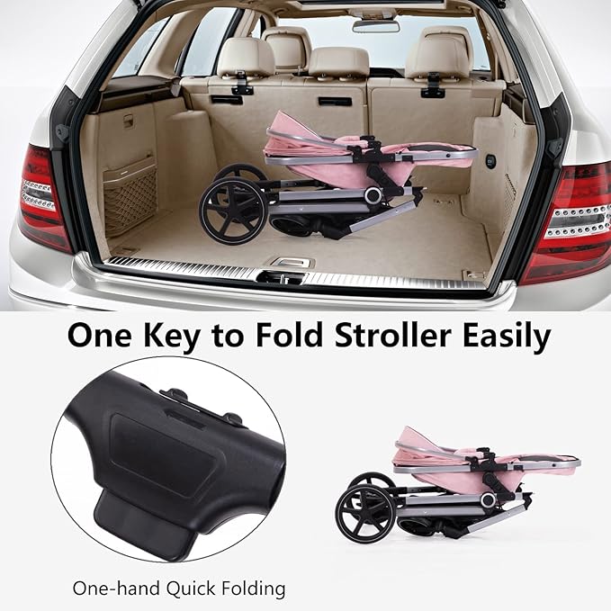 2-in-1 Baby Stroller - Folding Infant Newborn Pram Stroller with Reversible Seat - Toddler Strollers for 0-36 Months Old Babies (Pink)