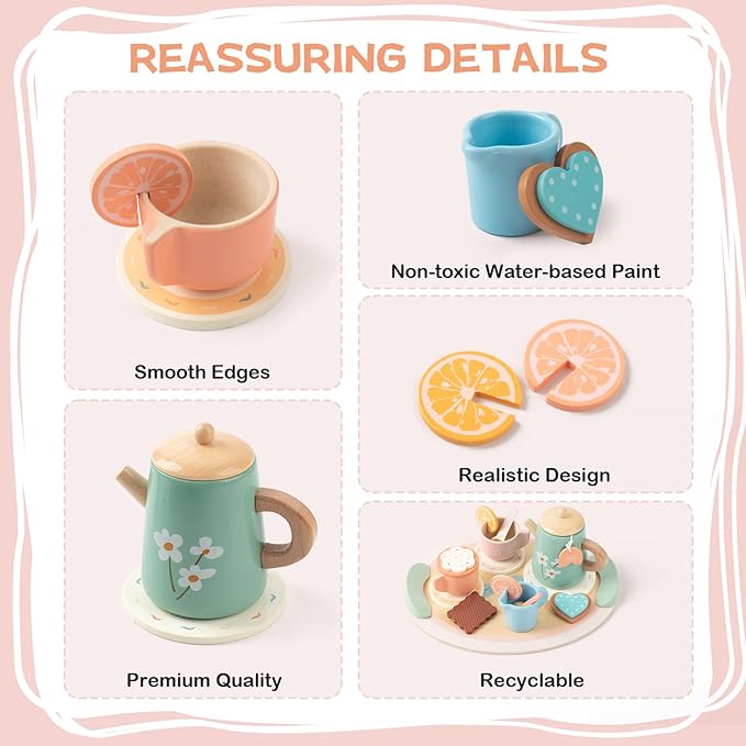 Tea Party Set for Little Girls, Wooden Kids Tea Set with Teapot Cups Coasters Carrying Dessert, Picnic Outdoor Toys Pretend Play Kitchen Accessories for 3 4 5 Years Old