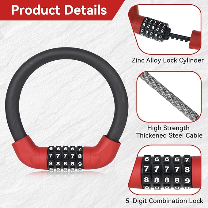 5 Digit Combination Bike Cable Lock, Lightweight Bicycle Lock Anti Theft Resettable Combination Portable Bicycle Cable Locks for Bike, 15inch, Red