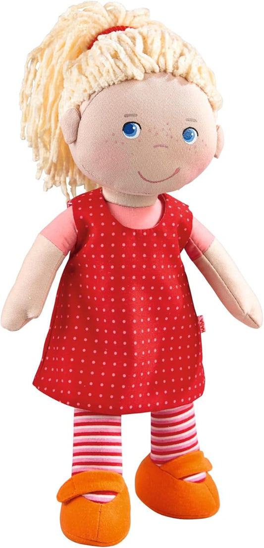 HABA 12" Soft Baby Doll Annelie with Blonde Hair, Embroidered Face, Removable Red Dress and Matching Hairband - Washable Toddler Doll for 18 Months+