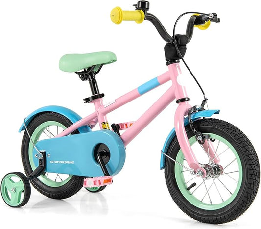 BABY JOY Colorful Macarons Kids Bike, 12 14 16 18 Inch Sporty Children's Bicycle with Training Wheels, Adjustable Handlebar & Saddle, Handbrake & Coaster Brake, Boys Girls Bike for 3-8 Years Old