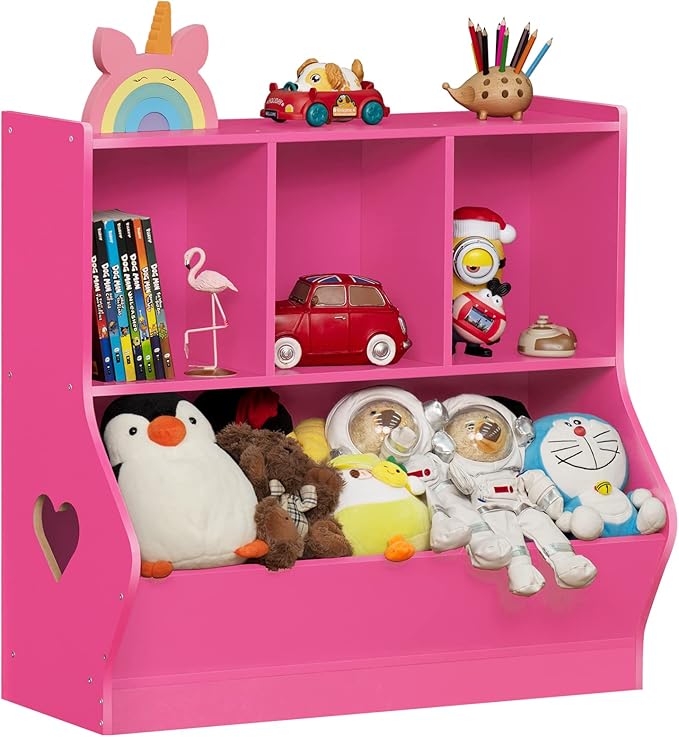 Lerliuo Kids Toy Storage Organizer, Children Small Bookcase and Bookshelf, Toddler 4 Cubby Toy Storage Cabinet, Toy Shelf for Playroom, Bedroom, Living Room, Nursery, School 29.53'' H (Pink)