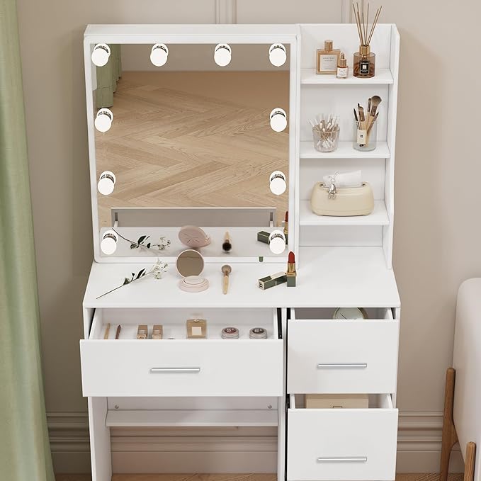 Small Vanity Desk with Sliding Mirror and Lights, White Makeup Vanity Desk with 3-Color Light Adjustable Brightness, 4 Drawers & Open Shelves, Vanity Desk for Bedroom, Girls & Women