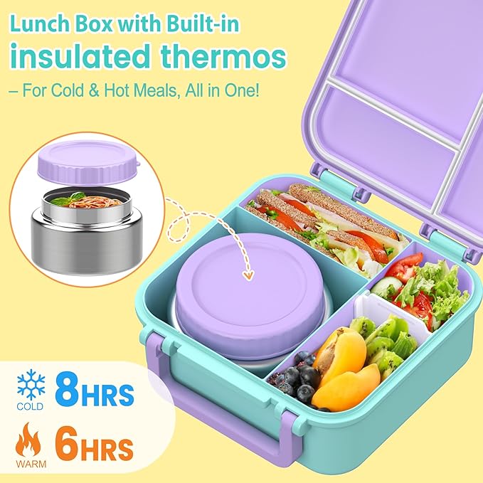 Bento Lunch Box for Kids with 9oz Thermo, Leak-proof Lunch Containers with 3 Compartments,Kids-friendly Size,Durable/Dishwasher Safe Lunch Box for School Outdoors-Purple-blue