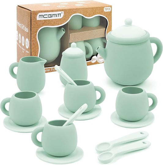 MCGMITT Silicone Tea Set, Tea Party Set for Little Girls Boys, 15 Pcs BPA Free Dishwasher Safe Pretend Tea Set for Toddlers Kids Age 3-6, Cute Toy Kitchen Accessories for Children Birthday Gifts