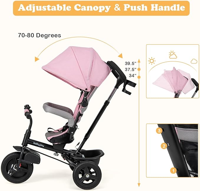 BABY JOY Tricycle, 6 in 1 Tricycle for Toddler w/Reversible Seat, Adjustable Canopy & Parent Handle, 5-Point Safety Belt, PU Wheels and Storage Basket, Push Tricycle for 9-60 Months (Pink)