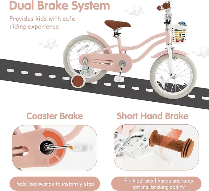 HONEY JOY Kids Bike, 12 14 16 18 20 Inch Toddler Bikes w/Training Wheels, Handbrake & Coaster Brake, Fully Enclosed Chain, Adjustable Handlebar & Seat, Kids Bicycle w/Basket, Girls Boys Bike 3-8