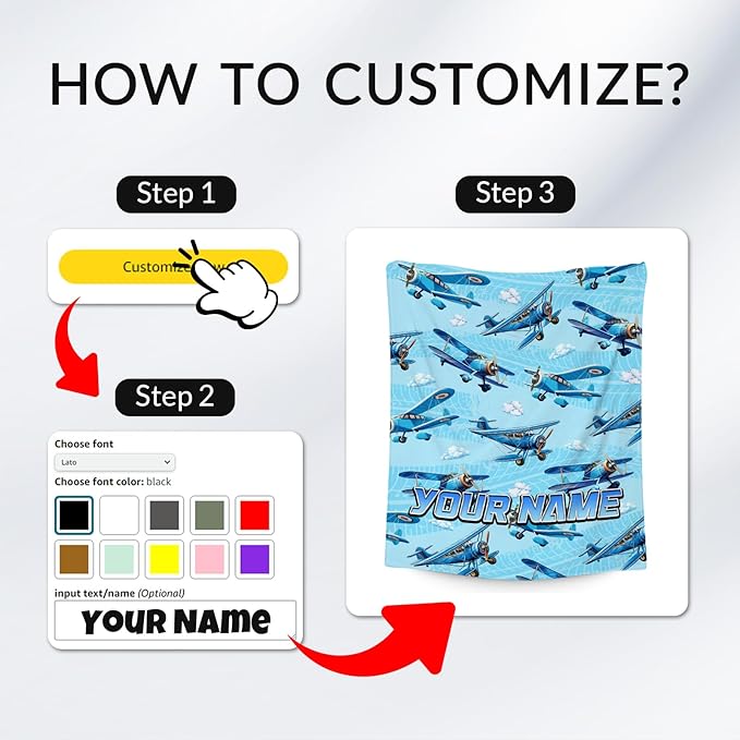 Personalized Blanket for Kids Airplane Gifts for Boys - Custom Soft Warm Fleece Throws with Name for Toddler (4 Sizes)