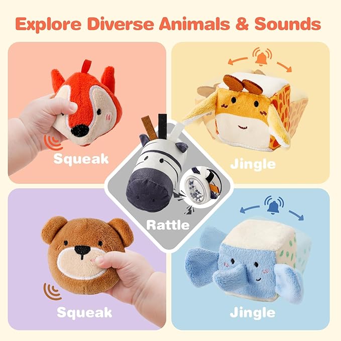 Youuys Travel Sensory Toys for Babies 6-12 Months & Toddlers 1-3 Year Old On-The-Go Montessori Soft Stuffed Animal Set with Crinkle, Rattle, Safe Mirror Educational for Kids Boy Girl