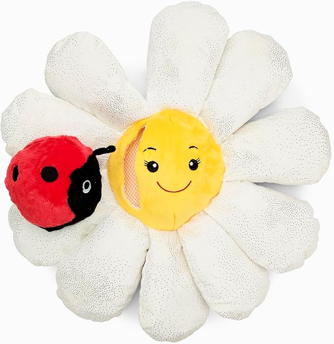 Flourish Pets 3 in 1 Multi-Layer Chew Toy for Active Dogs | Non-Toxic BPA Free Double Stitched Soft Fabric Exterior Dog Toys | Long-Lasting Dog Plush Toys - Large White Daisy 17"