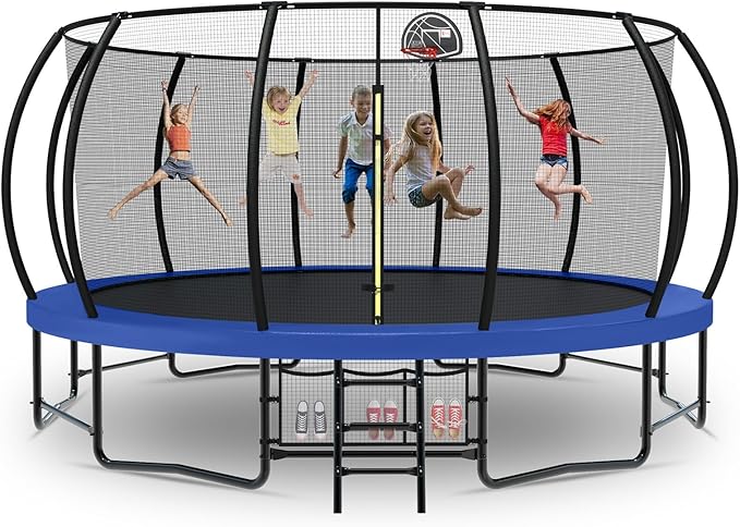 Tatub Large Trampolines Outdoor 10 12 14 15 16FT for Kids and Adults,Outdoor Recreational Pumpkin Trampolines with Curved Poles and Safety Enclosure Net, Basketball Hoop, Ladder