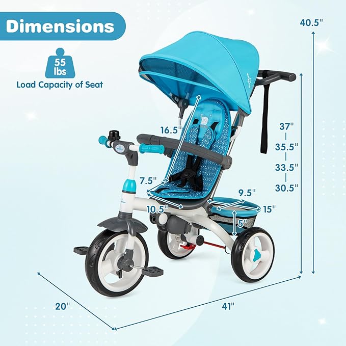Costzon Tricycle for Toddlers, 6 in 1 Trike w/Parent Handle, Adjustable Canopy, Storage, Safety Harness & Wheel Brakes, Baby Push Tricycle Stroller for Kids Boys Girls Aged 9 Month-5 Years Old, Blue
