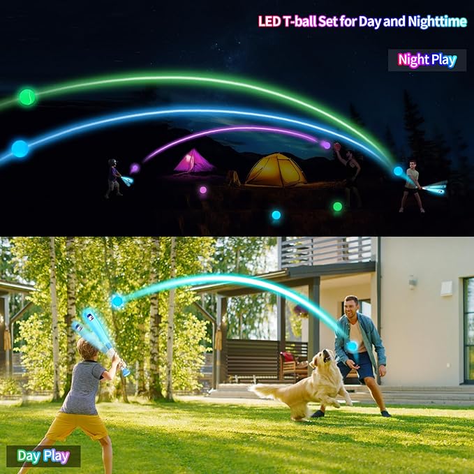 LED Tball Set for Toddlers 3-5, 5-8, Light up Tee Ball Set for Toddlers, Glow in The Dark T Ball Set for Kids 3-5, Kids Outdoor Toys Baseball Toys Gifts for Boys Girls (Blue)
