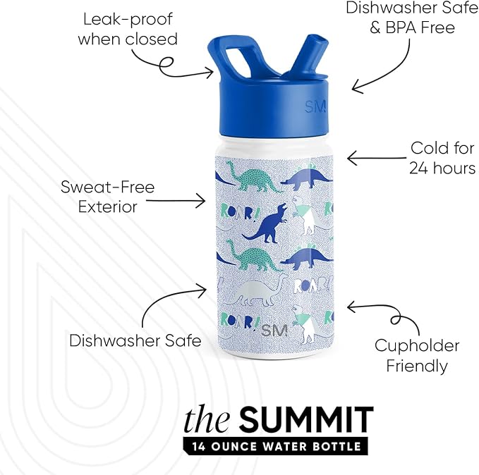 Simple Modern Kids Summit Water Bottle with Straw Lid | 14oz Stainless Steel Cup Insulated Tumbler for Toddlers, School | Dinosaur Roar